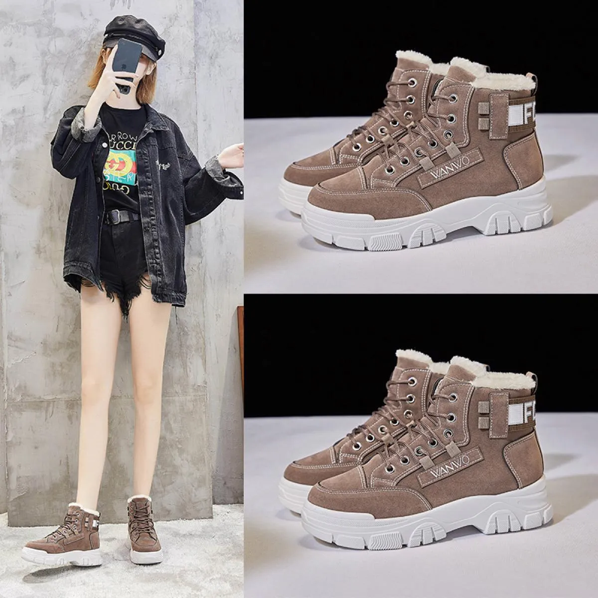 Stivali da neve da donna Sneakers scarpe con plateau suola spessa peluche stivali invernali caldi alla caviglia per donna Botas