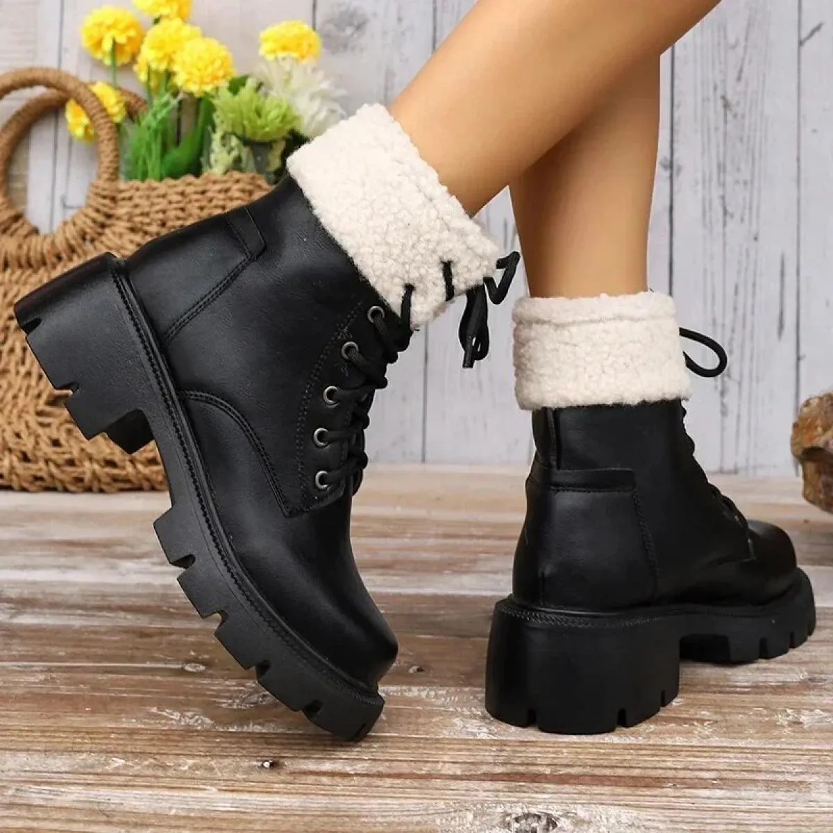 Stivali da neve in peluche spessi Stivali da donna in pelle PU caldi in peluche Allacciatura Scarpe in cotone antiscivolo Stival