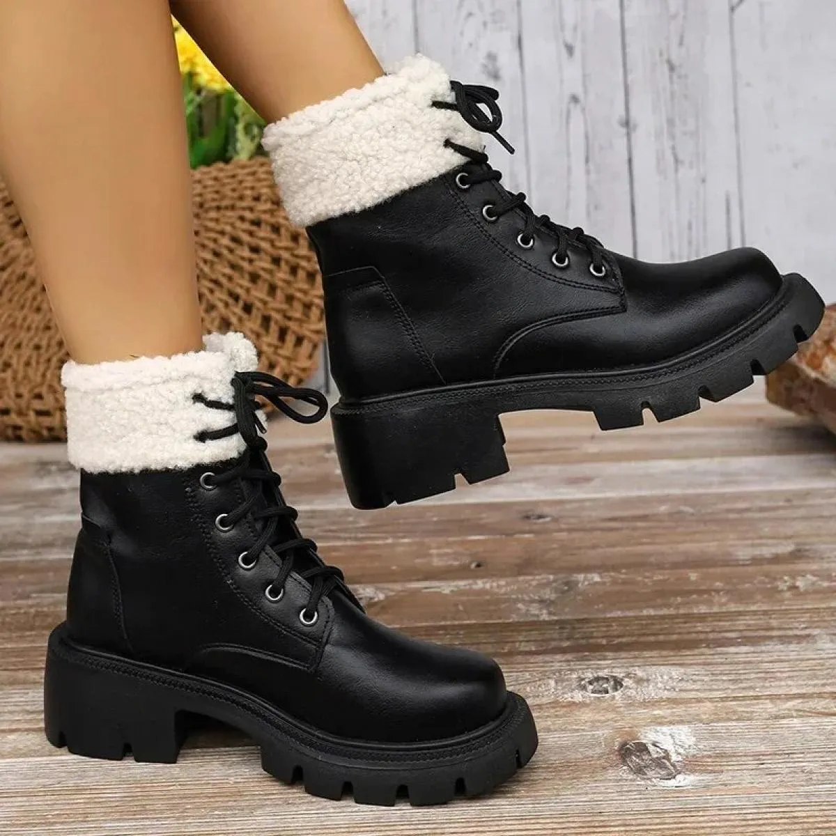 Stivali da neve in peluche spessi Stivali da donna in pelle PU caldi in peluche Allacciatura Scarpe in cotone antiscivolo Stival
