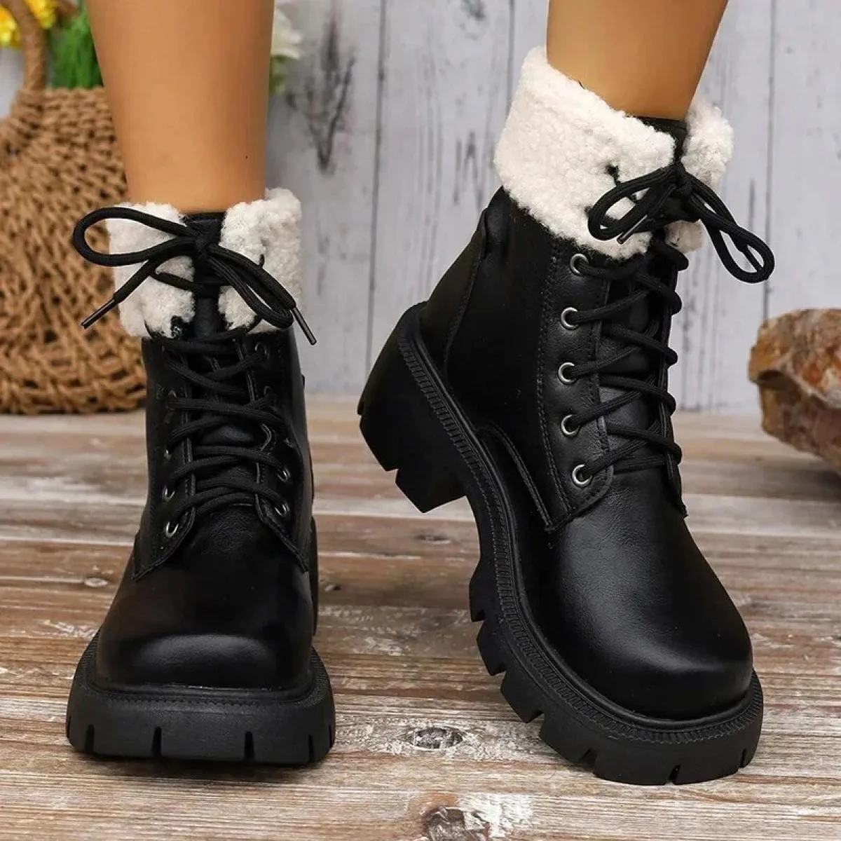 Stivali da neve in peluche spessi Stivali da donna in pelle PU caldi in peluche Allacciatura Scarpe in cotone antiscivolo Stival