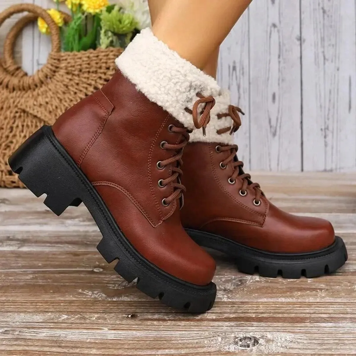 Stivali da neve in peluche spessi Stivali da donna in pelle PU caldi in peluche Allacciatura Scarpe in cotone antiscivolo Stival