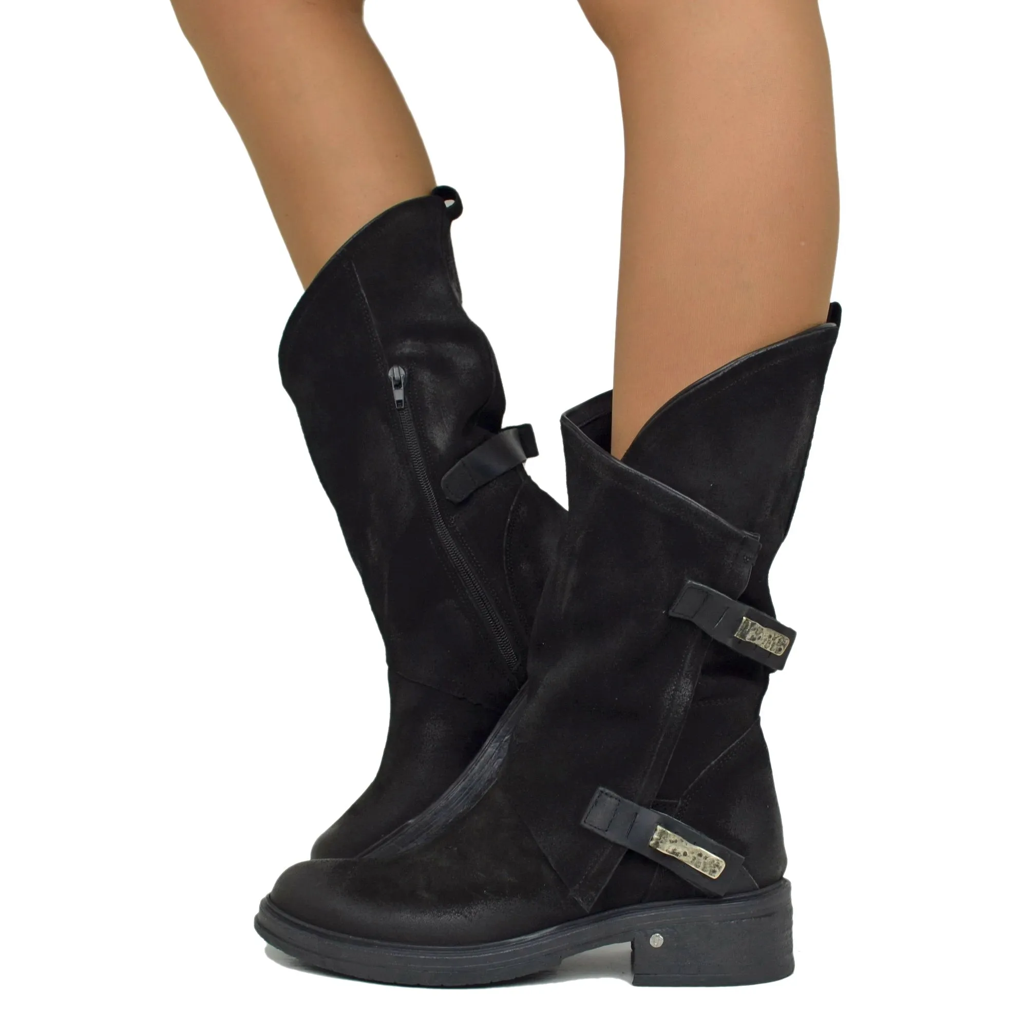 Stivali Donna Biker Black in Pelle Scamosciata Vintage con Zip