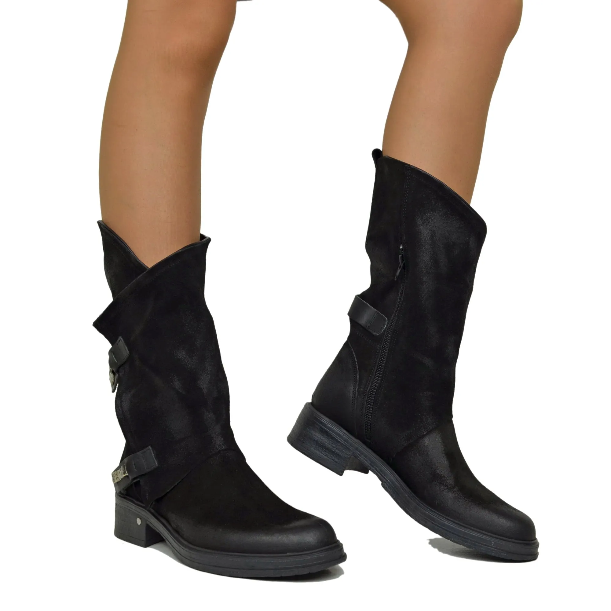 Stivali Donna Biker Black in Pelle Scamosciata Vintage con Zip