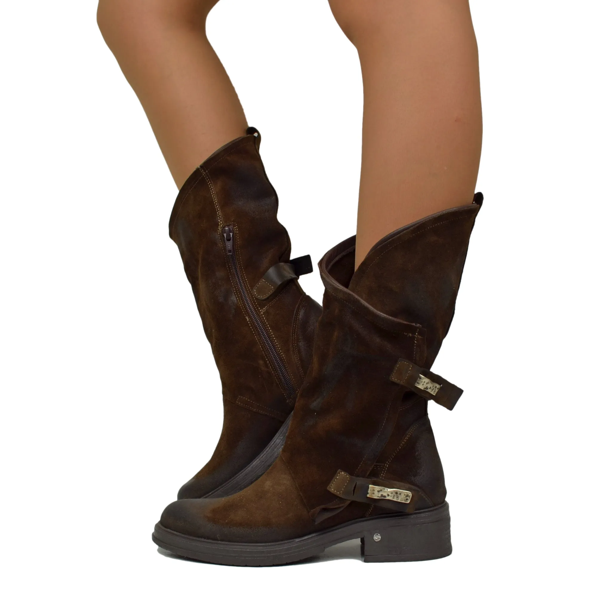 Stivali Donna Biker Marroni in Pelle Scamosciata Vintage con Zip