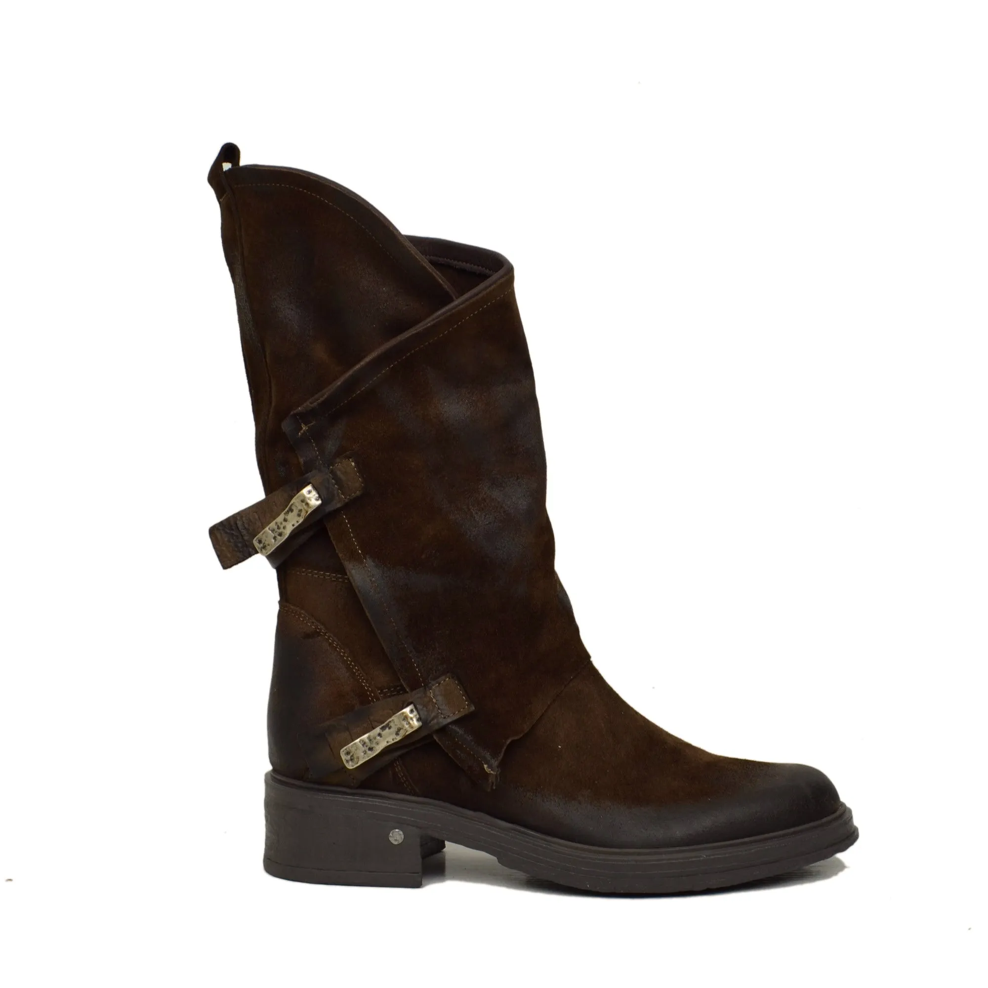 Stivali Donna Biker Marroni in Pelle Scamosciata Vintage con Zip