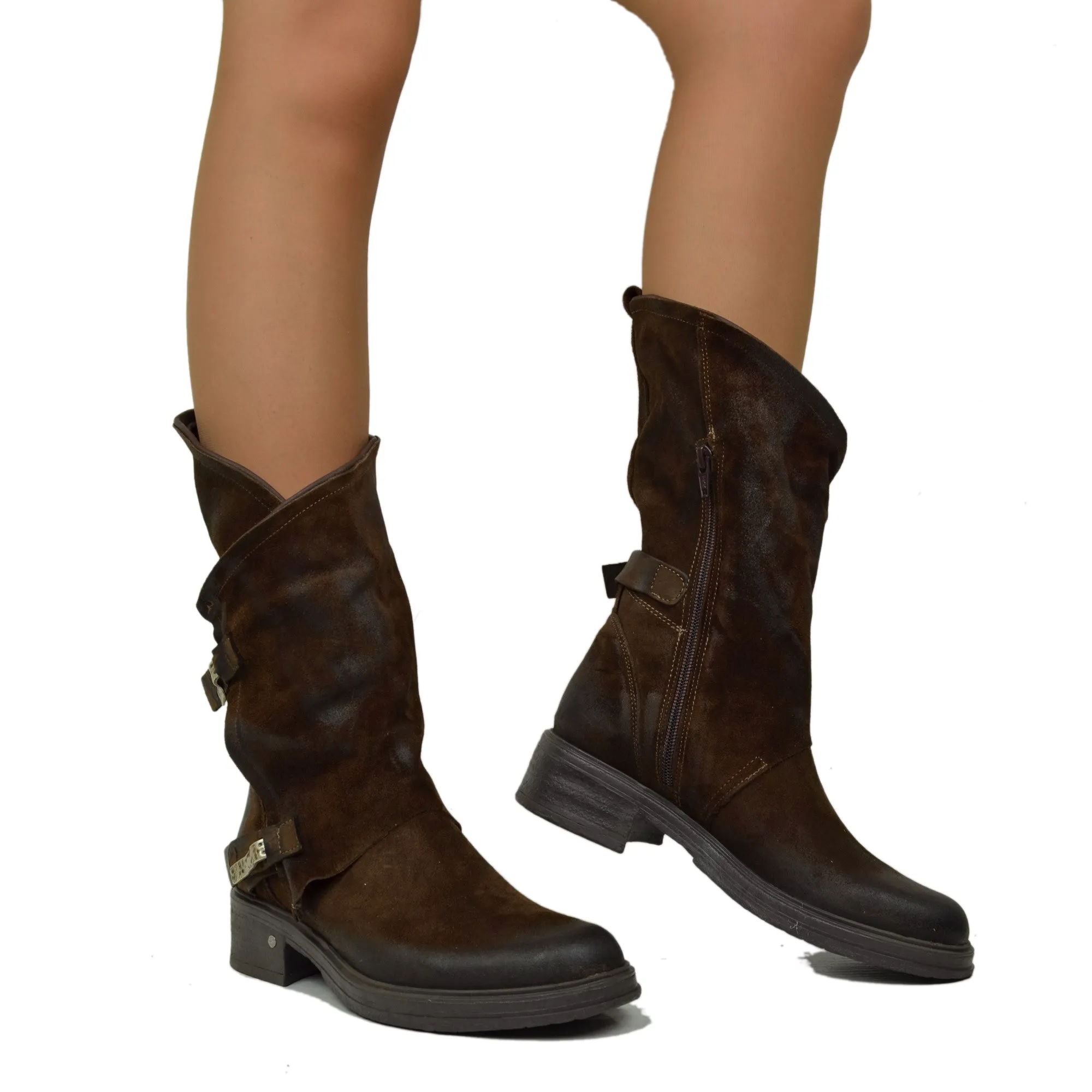 Stivali Donna Biker Marroni in Pelle Scamosciata Vintage con Zip