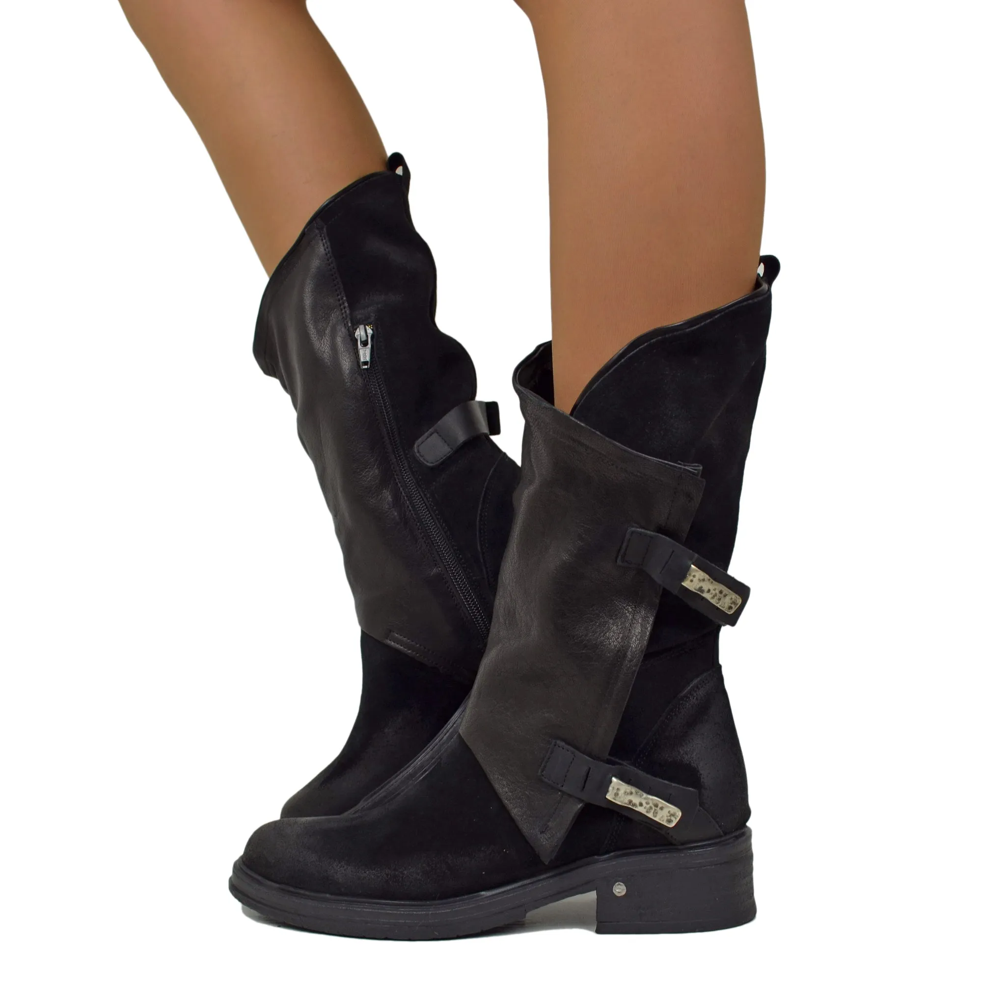 Stivali Donna Biker Neri in Pelle Scamosciata Vintage con Zip