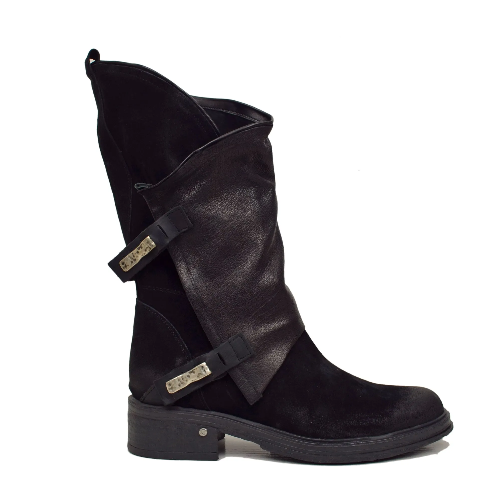 Stivali Donna Biker Neri in Pelle Scamosciata Vintage con Zip