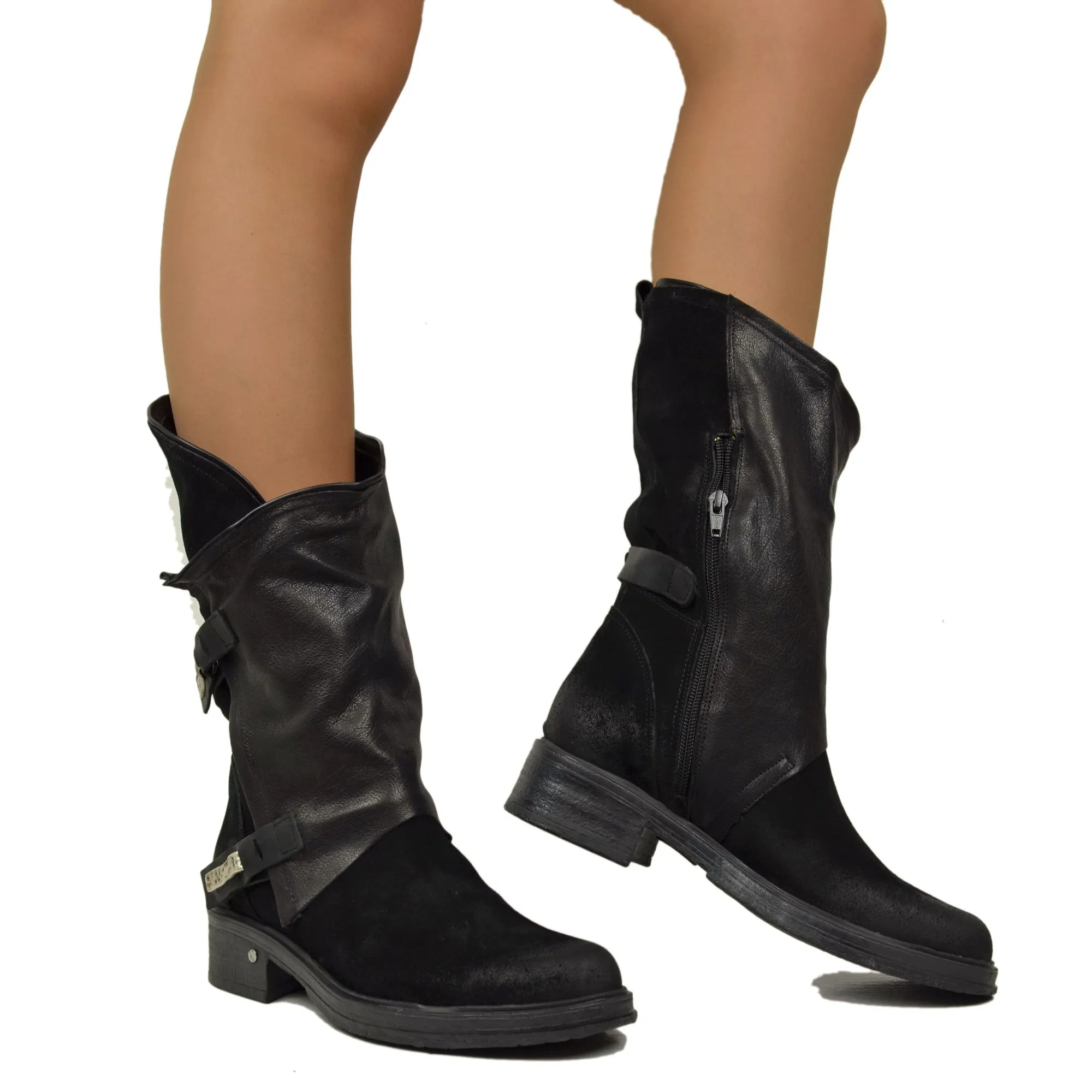 Stivali Donna Biker Neri in Pelle Scamosciata Vintage con Zip