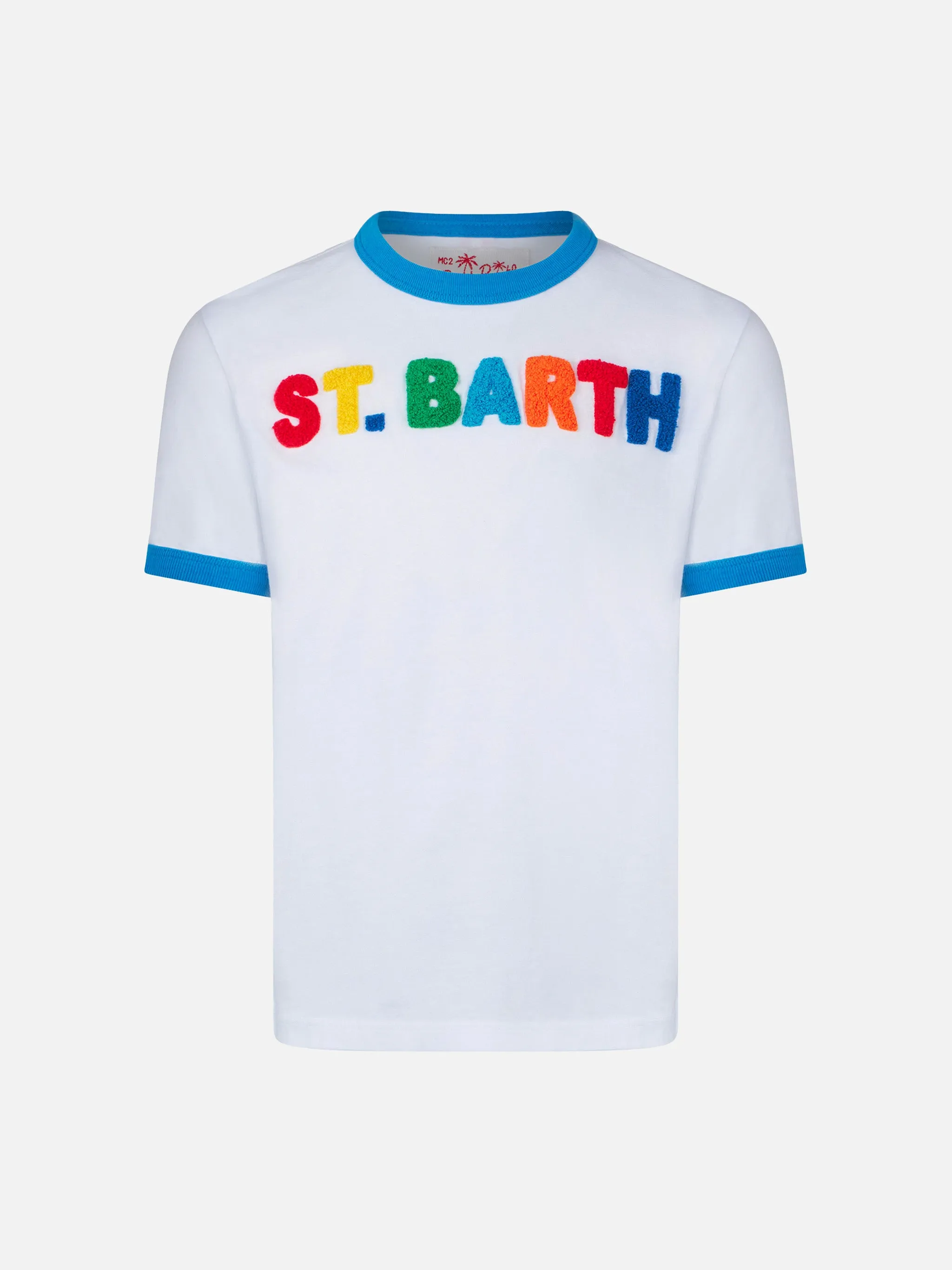 T-shirt da bambino in cotone con scritte multicolore