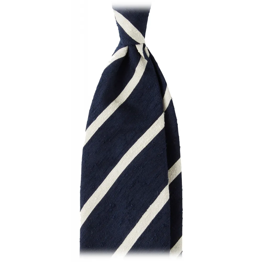Viola Milano - Cravatta in Tessuto Shantung a Righe - Navy/Bianco - Handmade in Italy - Luxury Exclusive Collection